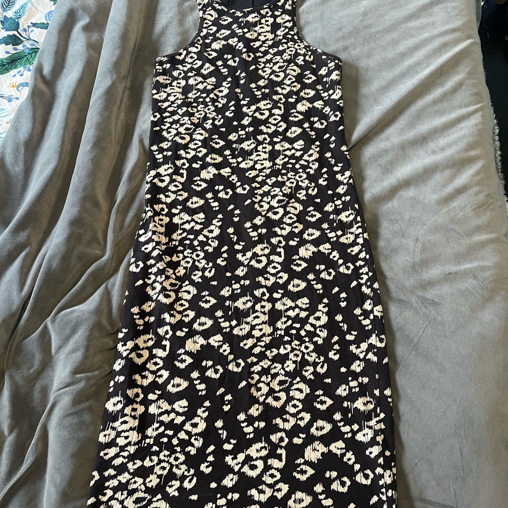 Stylish Halter Neck Black and Cream Leopard Print Dress